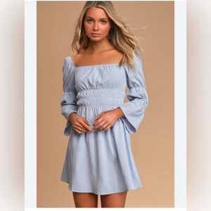 Lulus Blue & White Gingham Puff Sleeve Mini Dress – Size Large